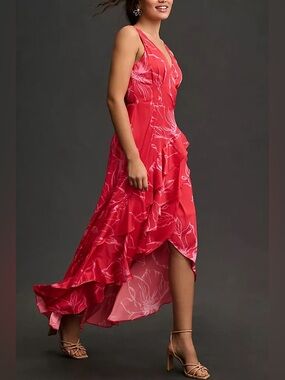 ANTHROPOLOGIE X HUTCH Floral Tiered V-Neck Ruffle Wrap Maxi Red Pink Dress EUC L